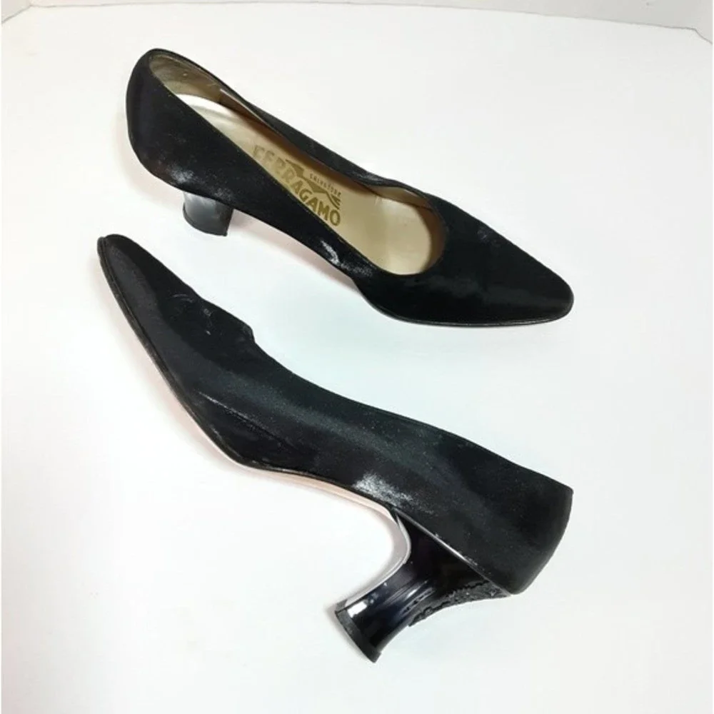 Salvatore Ferragamo Vintage Satin Pumps Chunky Kitten Heels Elegant Chic 7B - Picture 6 of 16